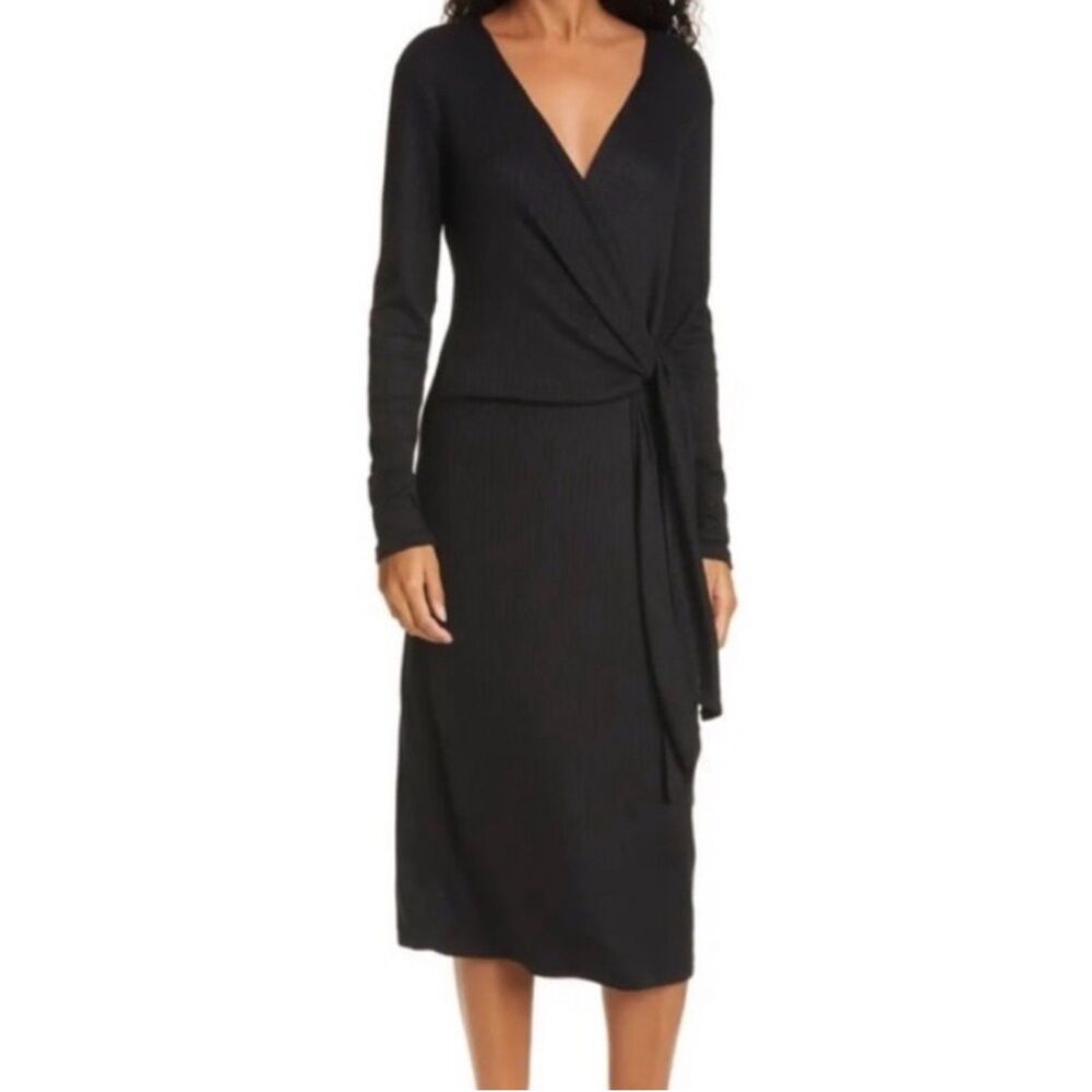 Rag & Bone Black Ribbed Long Sleeve Tie Waist Evening Wrap Midi Dress Size L
